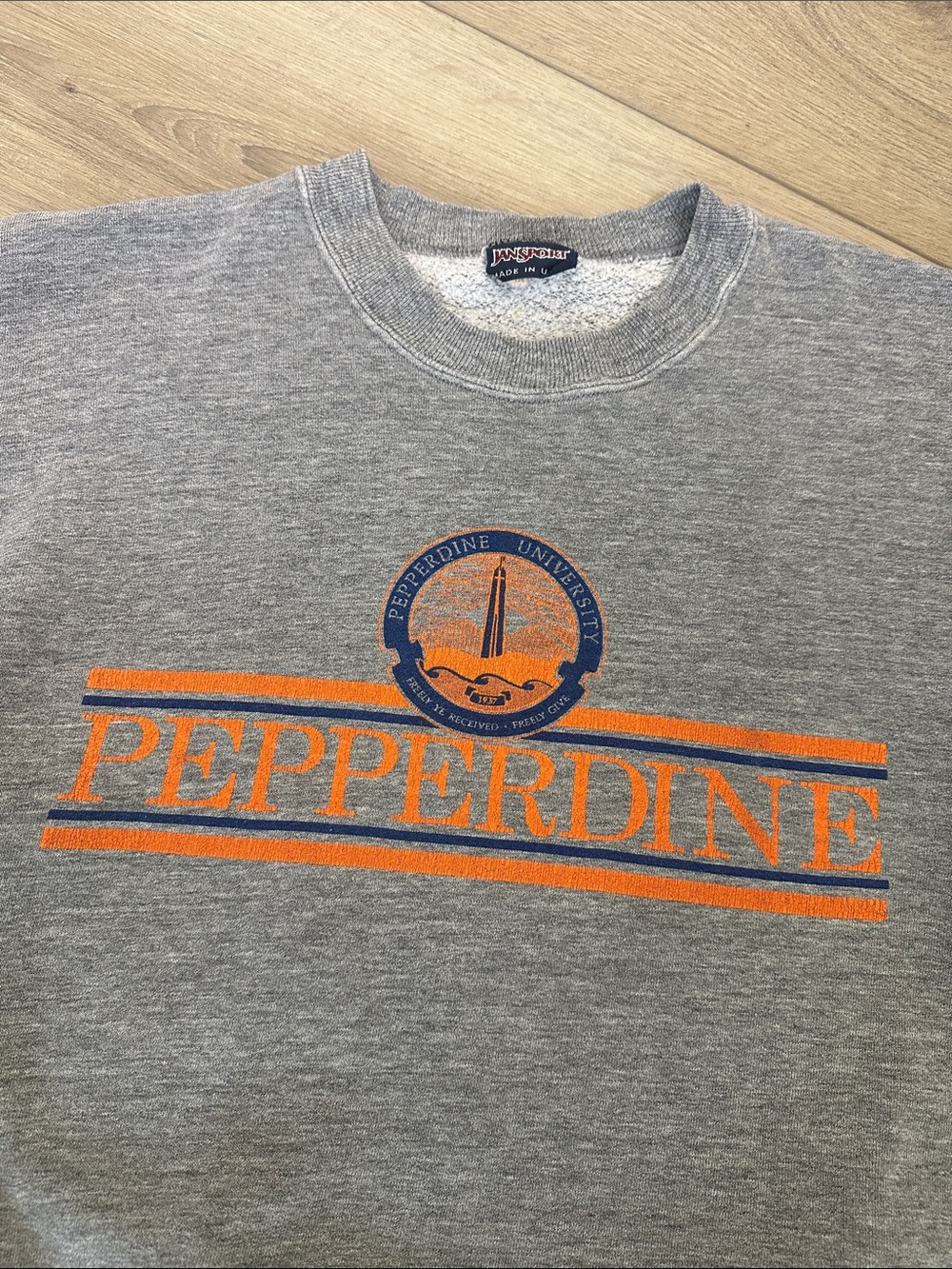 Vintage Pepperdine University Gray Crewneck Sweatshirt with Orange & Navy Logo L